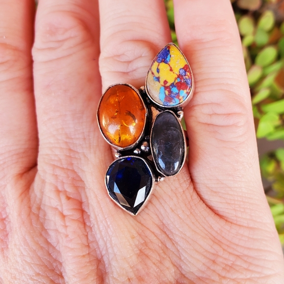 New Mosaic Jasper, Amber, Blue Topaz 925 Silver Ring. - Picture 3 of 7
